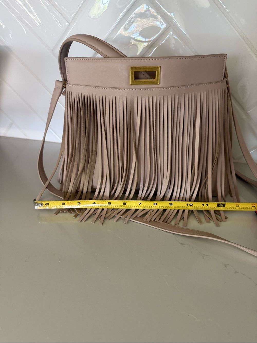 Melie Bianco Blush Fringe Crossbody Bag with Gold Hardware - Picture 2 of 5